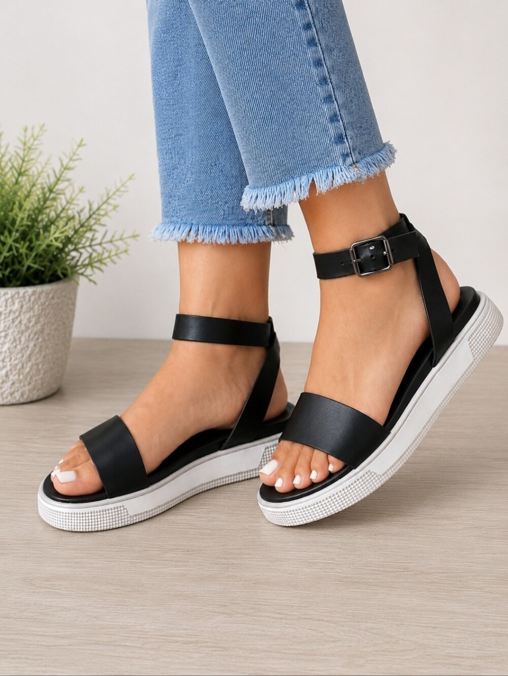 MIA Black Leather Platform Sandals Ankle Strap Comfort Flatform 7